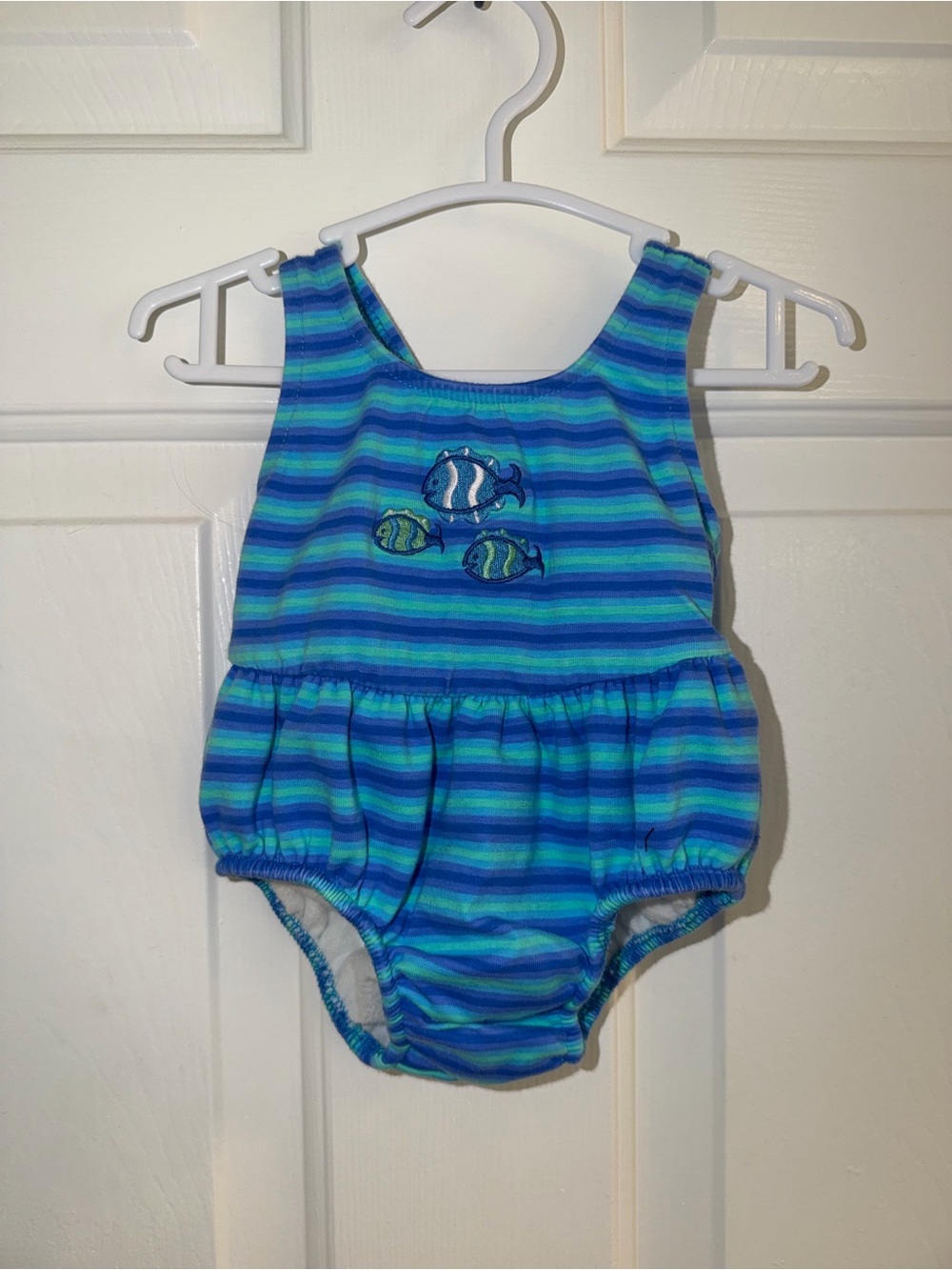 Vintage Carters Cotton Baby Swimsuit Striped Embroidered Fish 12M Runs Small